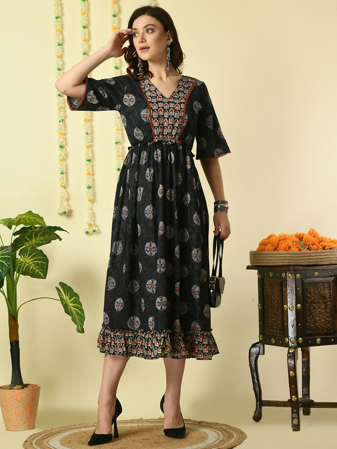 Myshka Women's Black Printed Cotton Party Dress | Grocsy