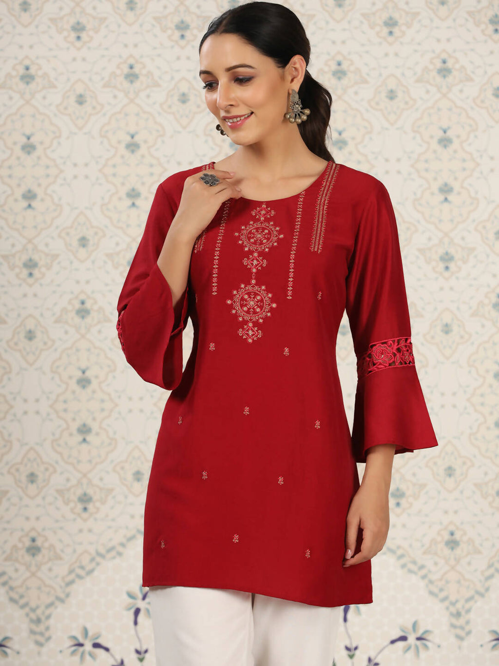 Red Chinon Embroidered Straight Top - Zeny | Grocsy