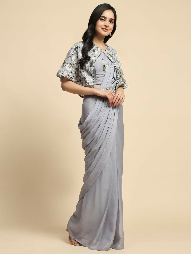 Grey Chiffon Solid Ready to wear Saree with stitched Blouse - Aayan | Grocsy
