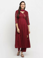 Rudra Bazaar Wine Angrakha Style Flared Anarkali Kurta with Pyjamas & Dupatta | Grocsy