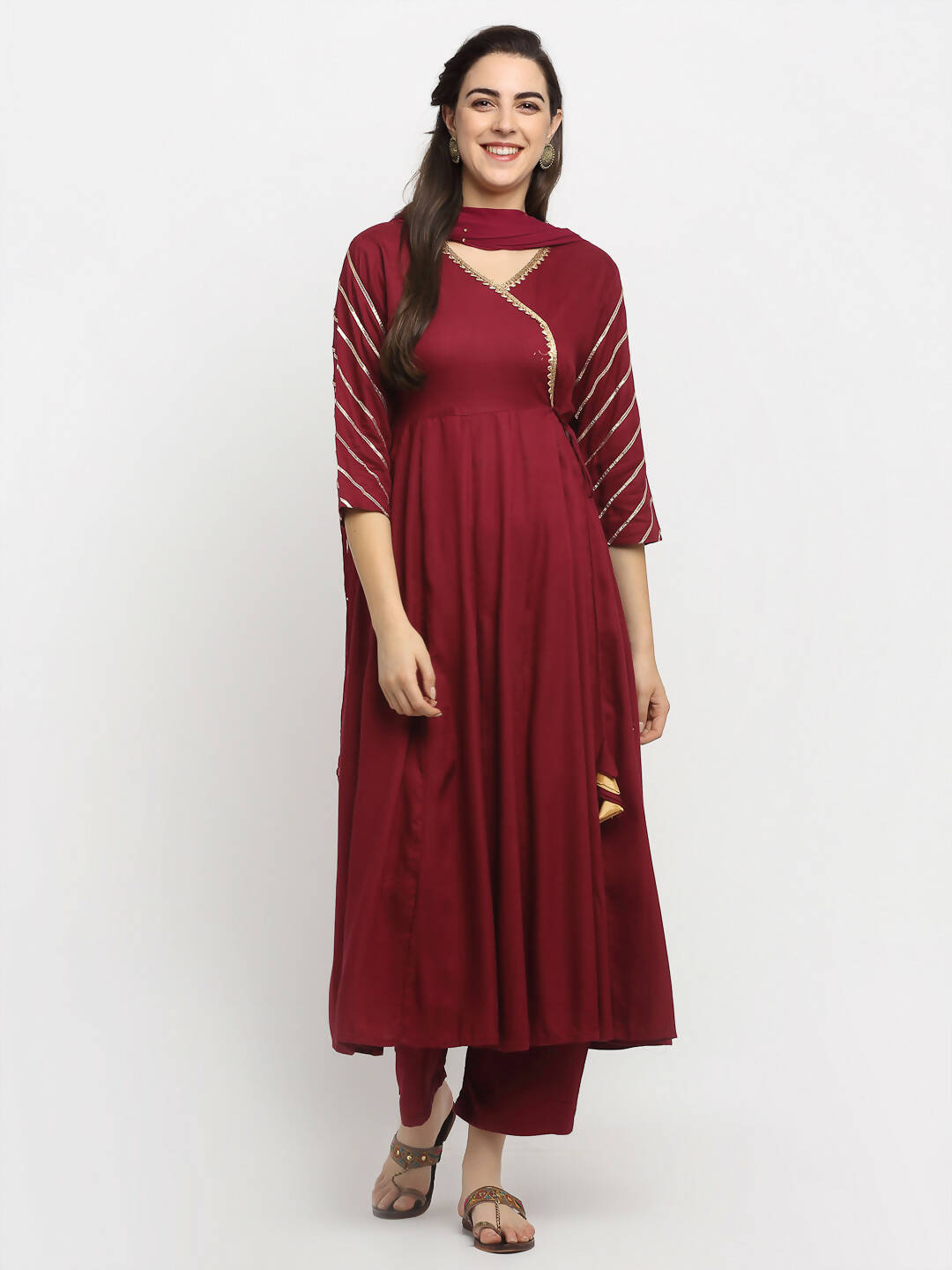 Rudra Bazaar Wine Angrakha Style Flared Anarkali Kurta with Pyjamas & Dupatta | Grocsy