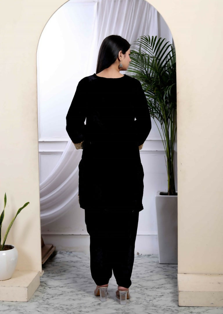 Miravan Women's Black Velvet Dreams Embroidered Co-ord Set | Grocsy