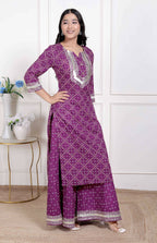 Miravan Women Cotton Magenta gota work Kurta with Flared Palazzo | Grocsy