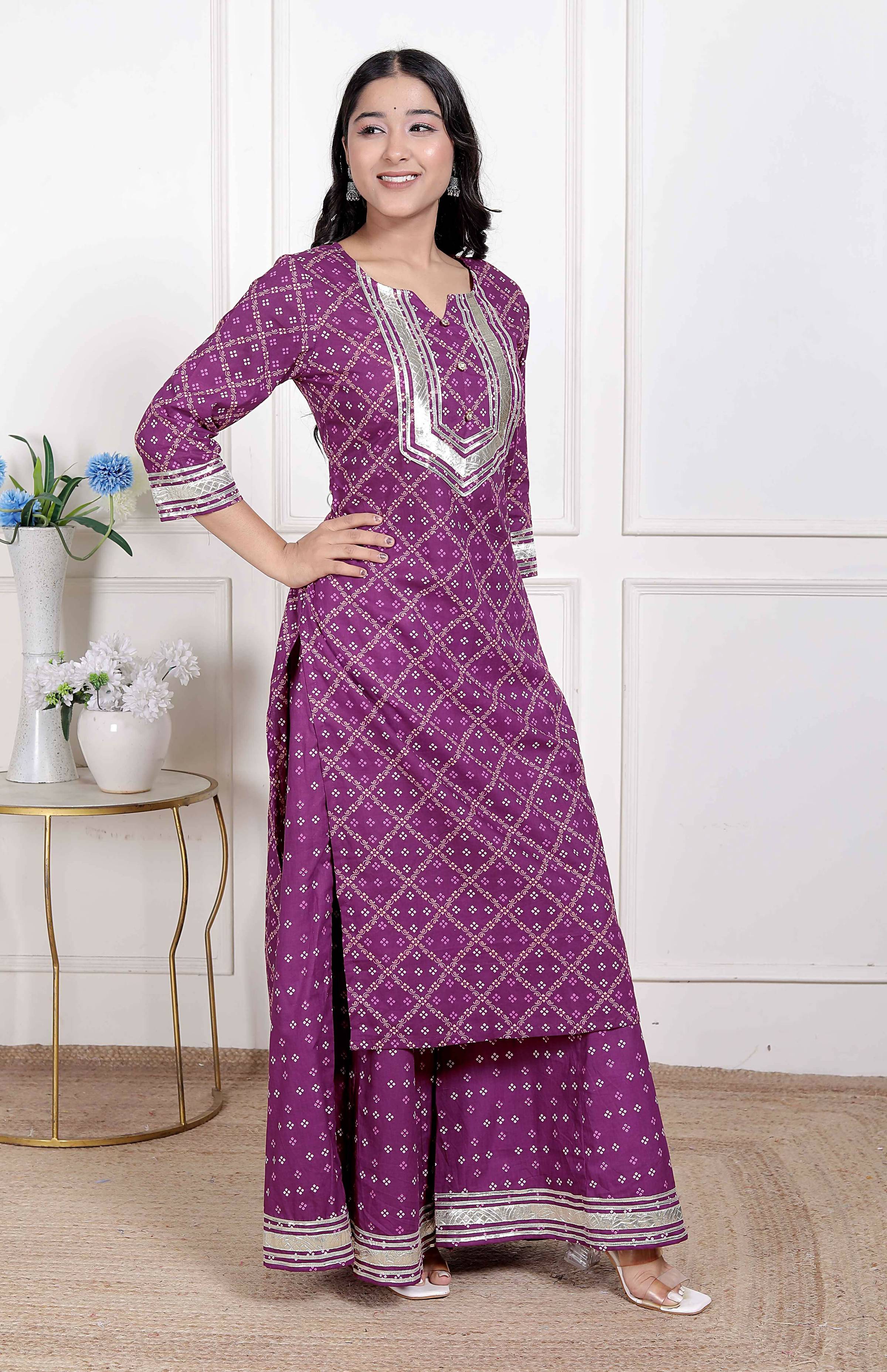 Miravan Women Cotton Magenta gota work Kurta with Flared Palazzo | Grocsy