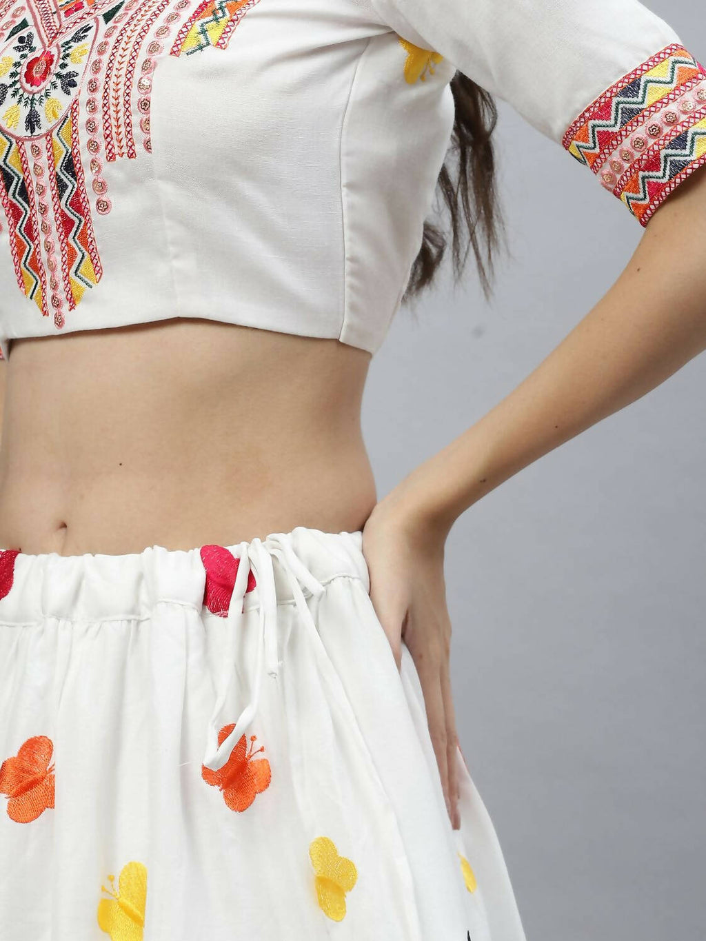 White Cotton Embroidered Work Lehenga Choli with Dupatta - Jivika | Grocsy