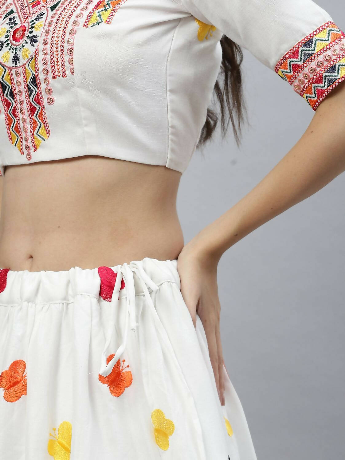 White Cotton Embroidered Work Lehenga Choli with Dupatta - Jivika | Grocsy