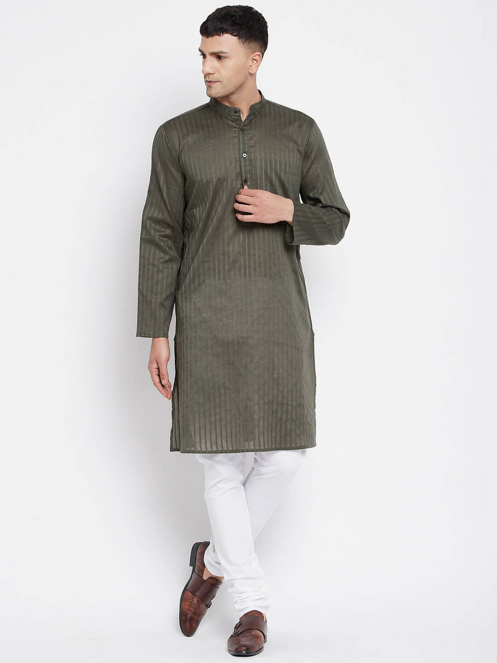 Even Apparels Green Men's Pure Cotton Kurta With Band Collar | Grocsy