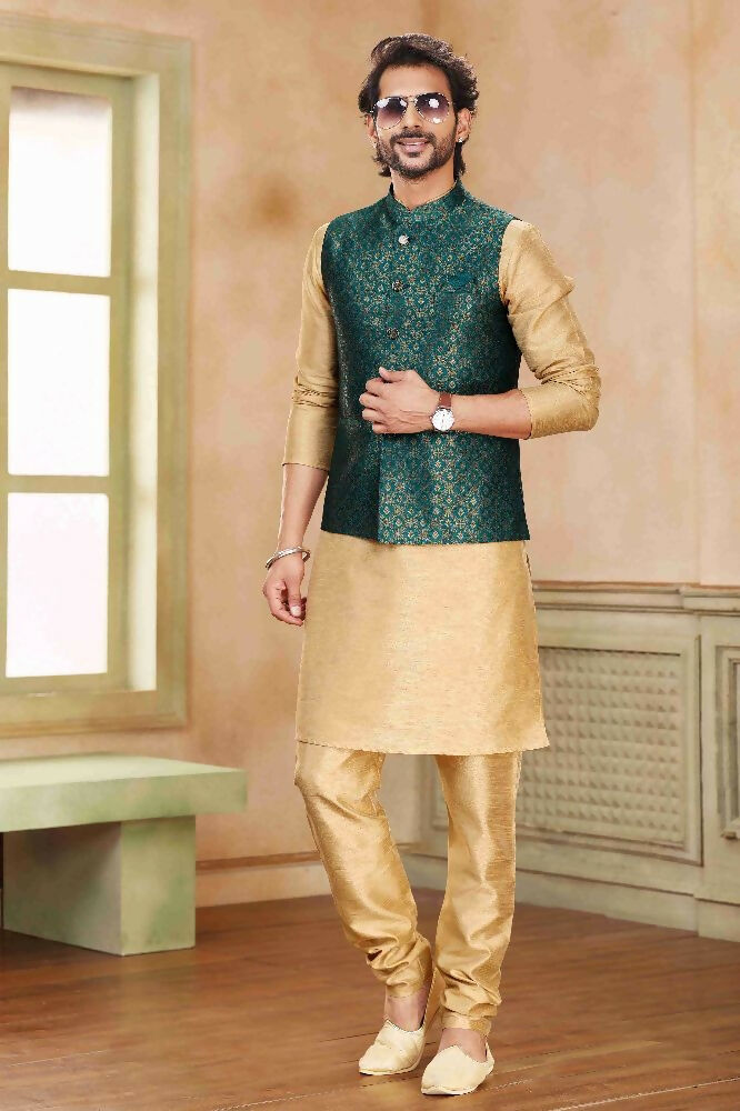 Raivat Ethnic Jacquard Banarasi Silk Woven Work 3 Pics Jacket Set In Green Colour | Grocsy