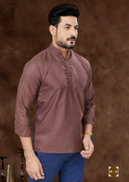 Joban Fashion Men's Pure Cotton Brown Plain Short Kurta | Grocsy