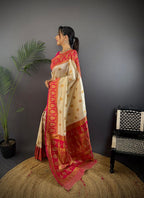 Elora White Soft Silk Butti Zari Weaving Constrast Pallu Banarasi Saree | Grocsy