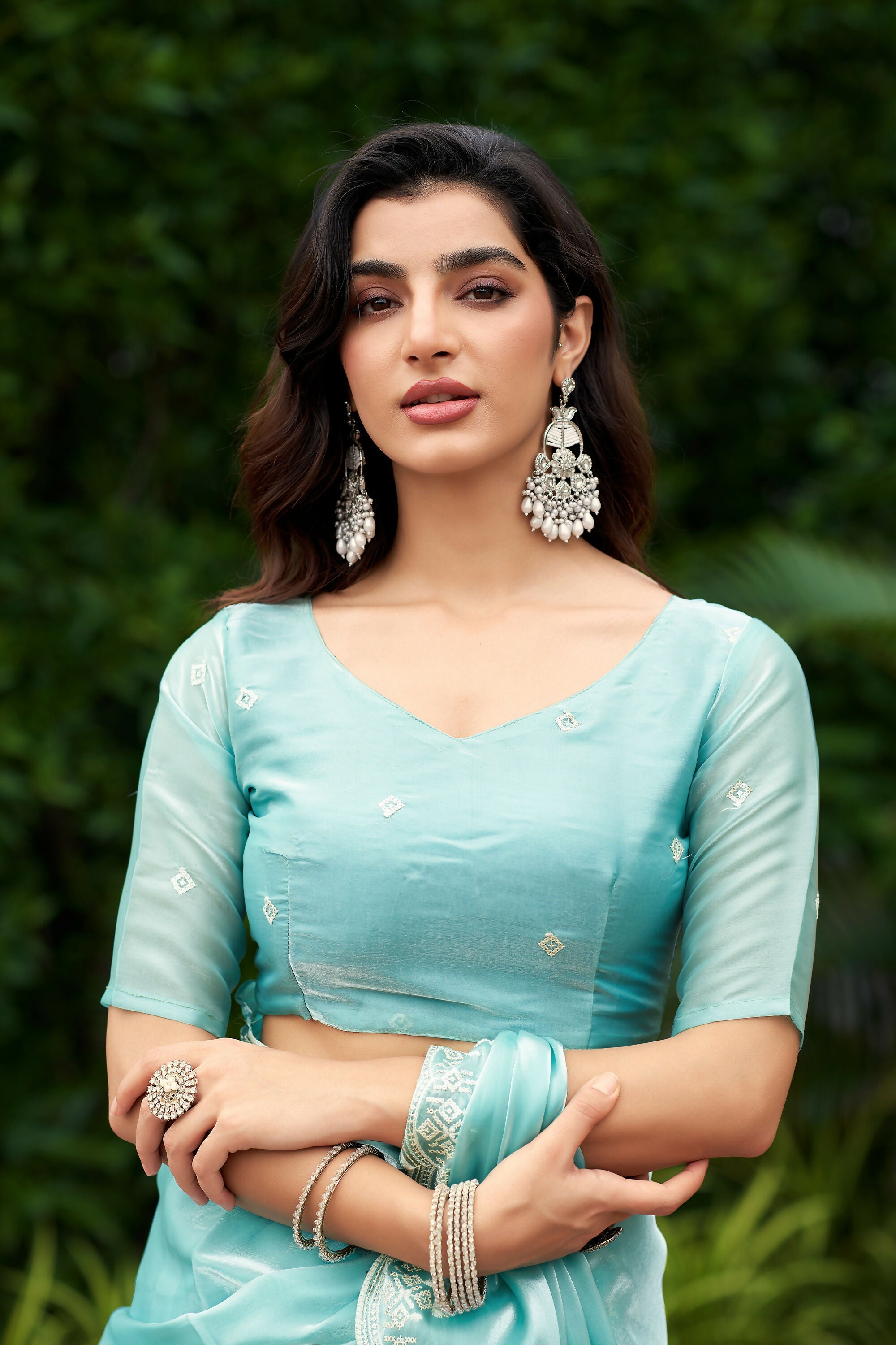 Vastranavya Turquoise Embroidery Work Shimmer Chiffon Saree with Unstitched Blouse | Grocsy