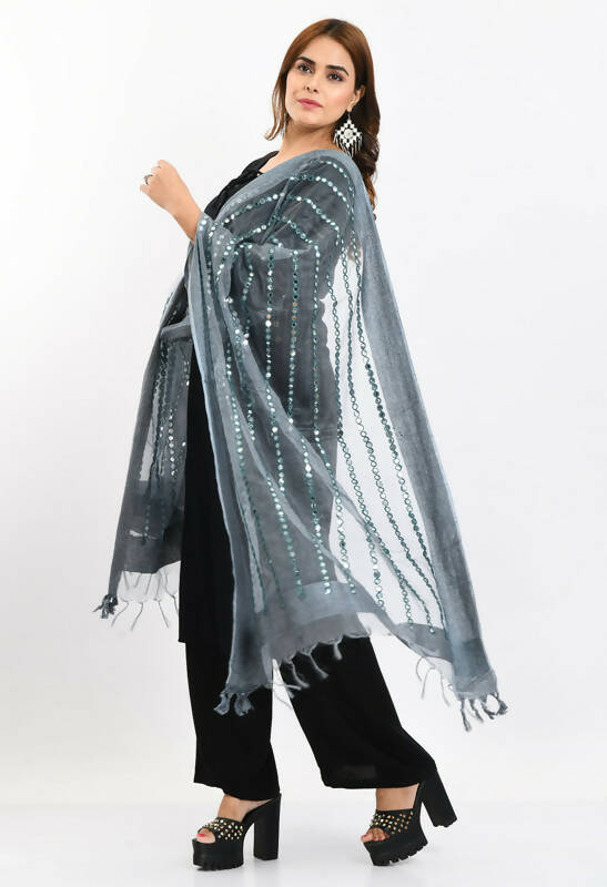 Mominos Fashion Moeza Women's Orgenza Mirror Stripe Thread Work Grey Dupatta | Grocsy