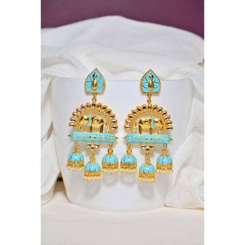 Traditional Gold-Polished Elephant Design Kundan Blue Jhumka Jhumki Earrings By House of Ree - House of Ree