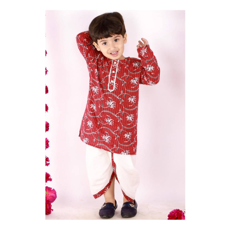 Little Bansi Boys Brown and White Color Bengali Kantha work floral kurta & Dhoti | Grocsy