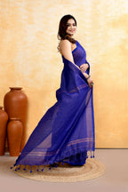 Piyari Fashion Women's Royal Blue Embellished Cotton Blend Zari Check Handloom Saree | Grocsy