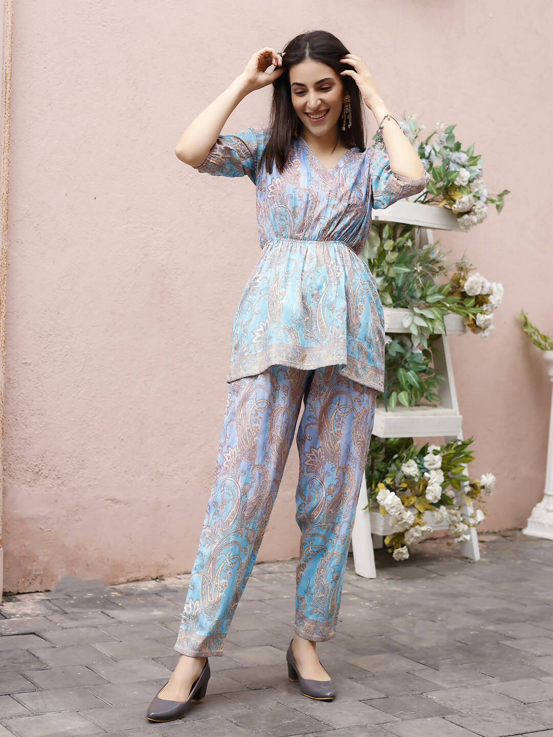 Light Blue Rayon Paisley Printed Top with Matching Bottom - Eesha | Grocsy