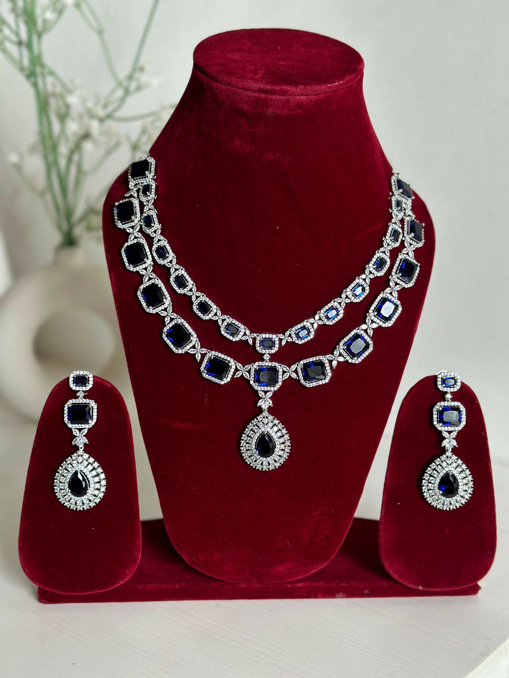 Royal Blue American Diamond Two Layer Elegent Necklace Set With Earrings By House of Ree - Swadesiicart