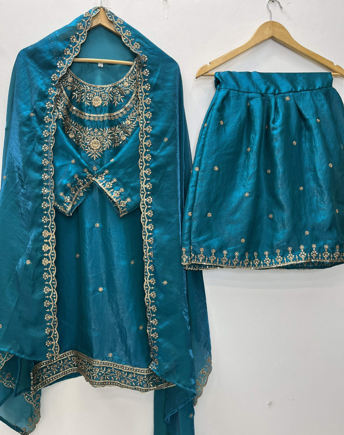 Teeya Creation Teal Color Fendy Satin Silk Heavy Embroidery Work Sharara Suit | Grocsy