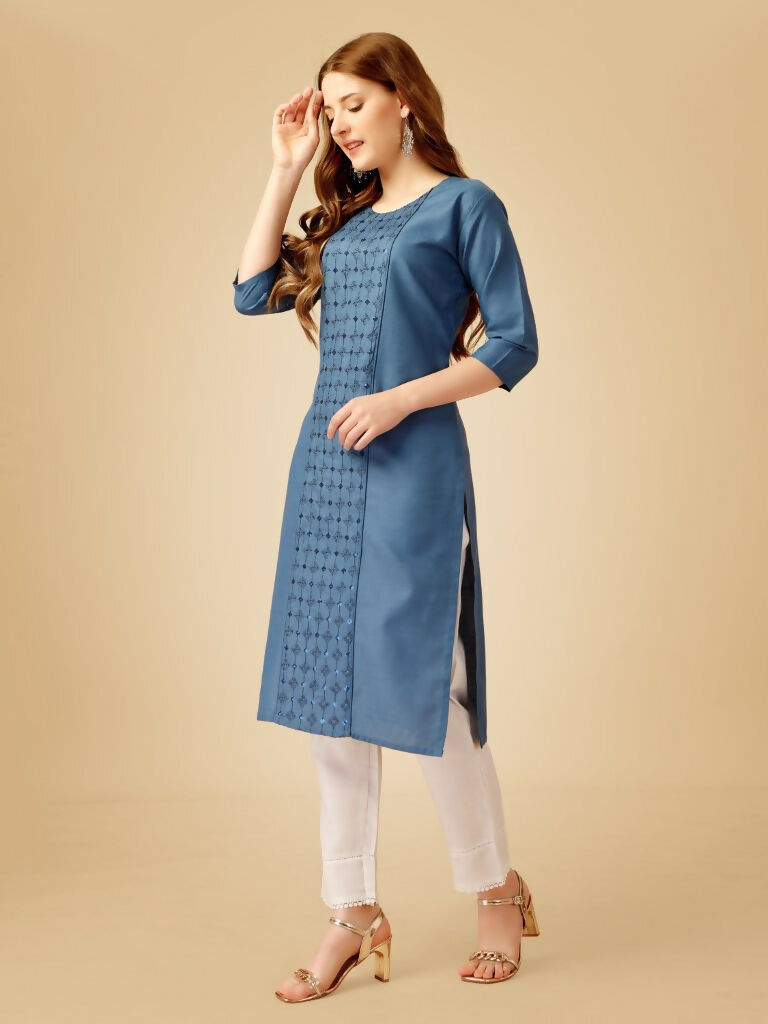 Jyoti Fashion Women's Denim Blue Cotton Blend Embroidered Kurta Pant Set | Grocsy