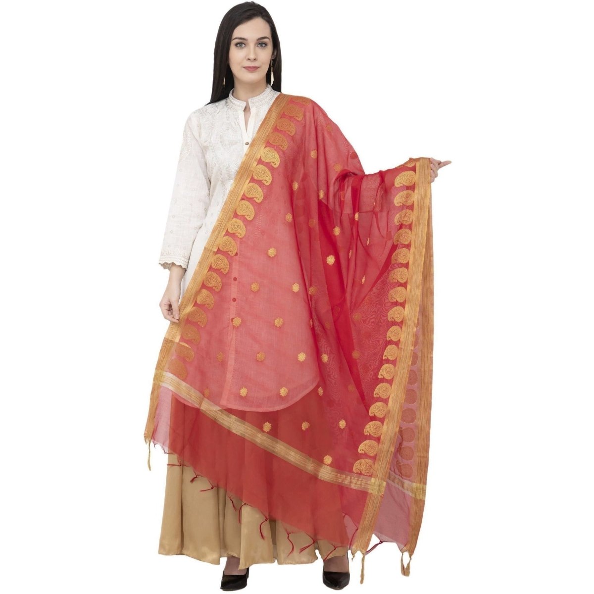 A R Silk VNS Ambi Border Fancy Dupatta Red Color Dupatta or Chunni | Grocsy