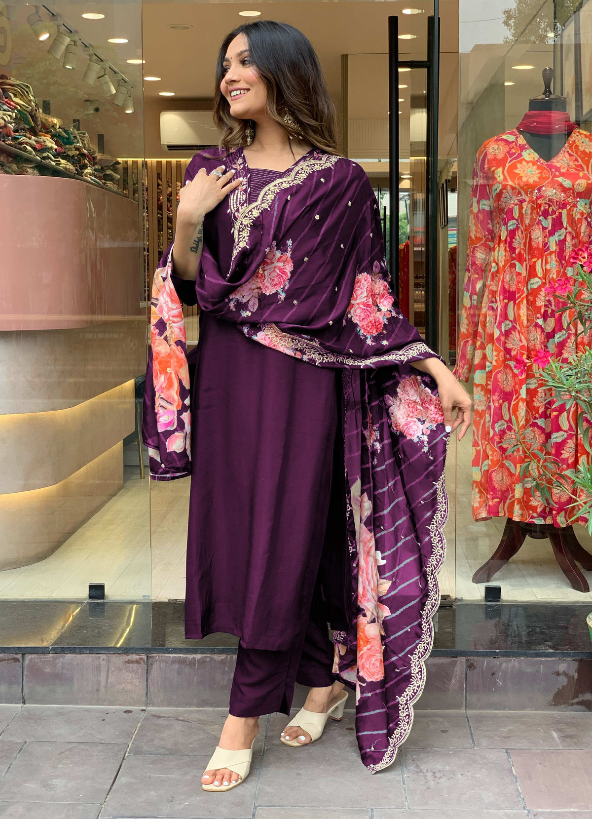 Yash Enterprise Wine Rayon Embroidery Party Wear Suit Set | Grocsy