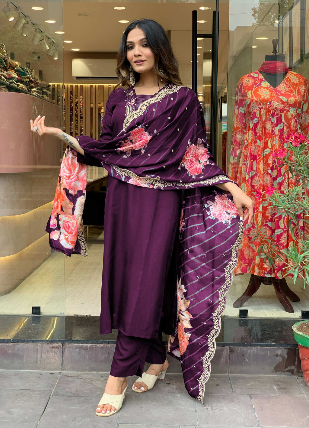 Yash Enterprise Wine Rayon Embroidery Party Wear Suit Set | Grocsy