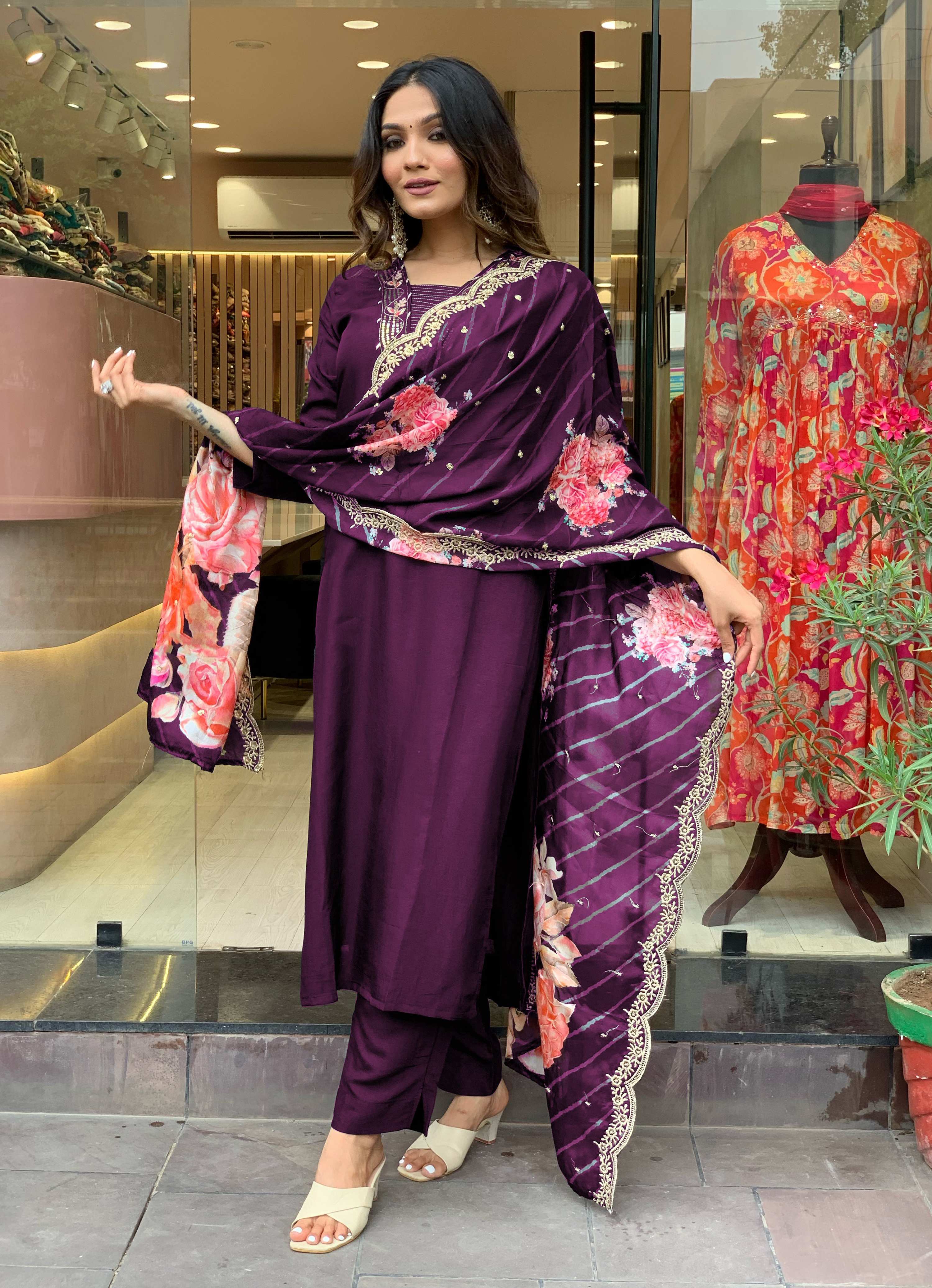 Yash Enterprise Wine Rayon Embroidery Party Wear Suit Set | Grocsy