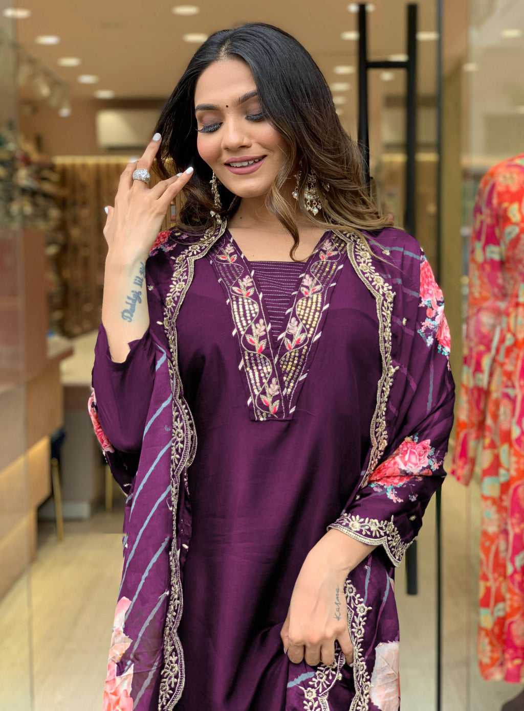 Yash Enterprise Wine Rayon Embroidery Party Wear Suit Set | Grocsy