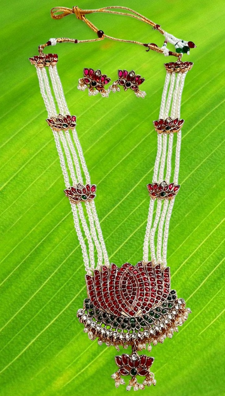 Elite Trading Bridal Lotus Maharani Haar with Earrings Antique Gold Temple Style Long Necklace Set | Grocsy