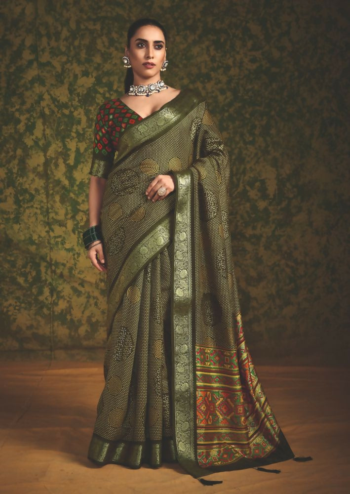 Joban Fashion Mehendi Green Velvet Tussar Silk with Foil Print Saree | Grocsy