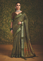 Joban Fashion Mehendi Green Velvet Tussar Silk with Foil Print Saree | Grocsy