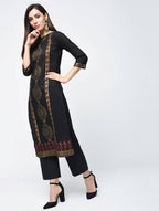 Aniyah Cotton Block Printed Latest Black Straight Kurta (AN-122K) | Grocsy