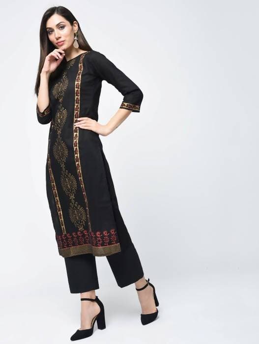 Aniyah Cotton Block Printed Latest Black Straight Kurta (AN-122K) | Grocsy