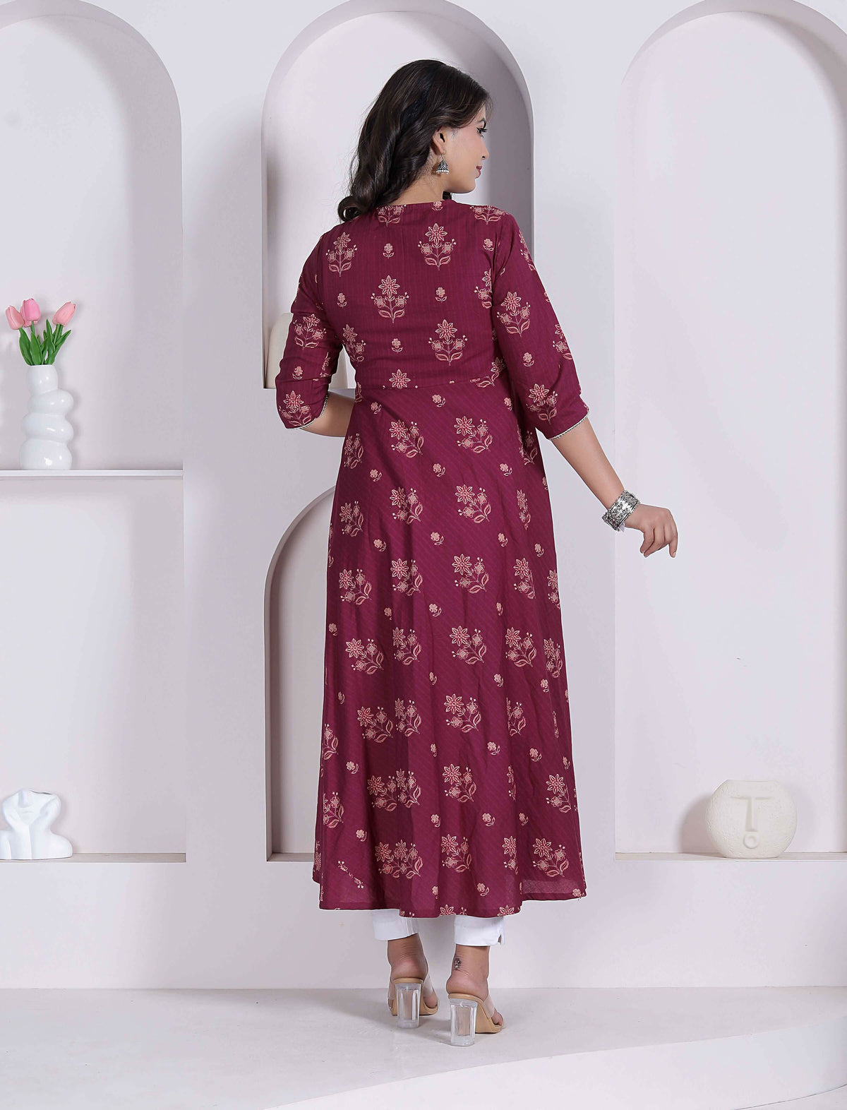 Miravan Womens Maroon Floral Printed Angrakha Style Kurta | Grocsy