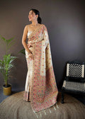 Joban Fashion White Meena Weaves Pashmina Sarees | Grocsy