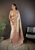 Joban Fashion White Meena Weaves Pashmina Sarees | Grocsy