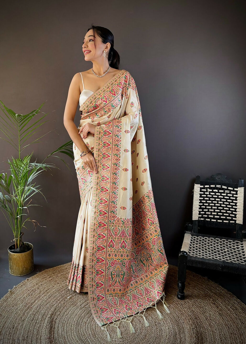 Joban Fashion White Meena Weaves Pashmina Sarees | Grocsy