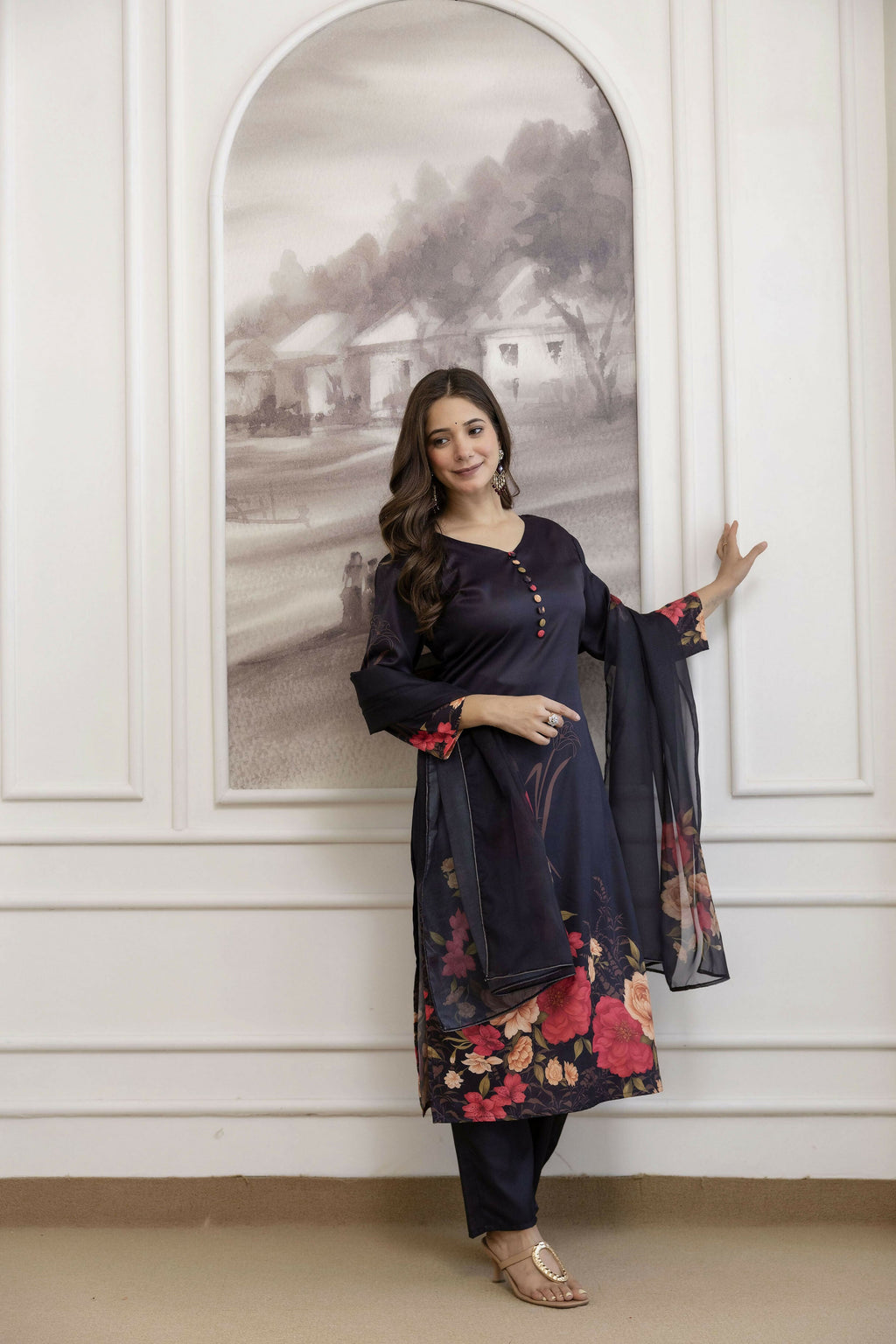 The52 Women's Beautiful Soft Assam Fabric Printed Work A-line Kurta Pant and Dupatta Set | Grocsy