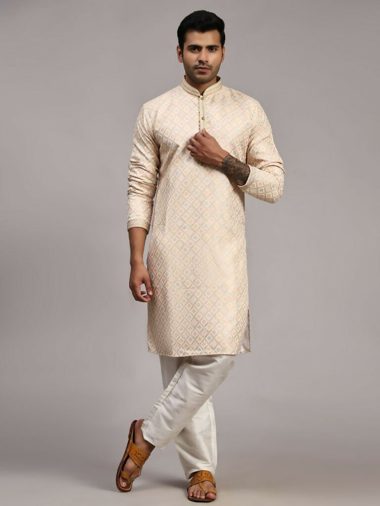 Cream Viscose Jacquard Woven Jacquard Designer Men's Rajwadi Kurta Set - Mahotsav | Grocsy