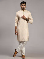 Cream Viscose Jacquard Woven Jacquard Designer Men's Rajwadi Kurta Set - Mahotsav | Grocsy