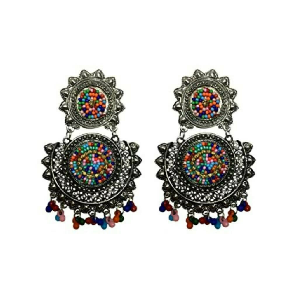 Tiaraa Multicolor Beaded Silver Oxidised Fashion Earrings