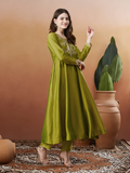 The52 Light Green Women's Beautiful Vichitra Silk Fabric Embroidered Work Flared Anarkali Pant and Dupatta Set | Grocsy