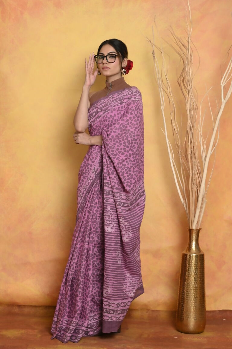 Very Much Indian Handblock Printed Cotton Saree With Natural Dyes - Pink | Grocsy
