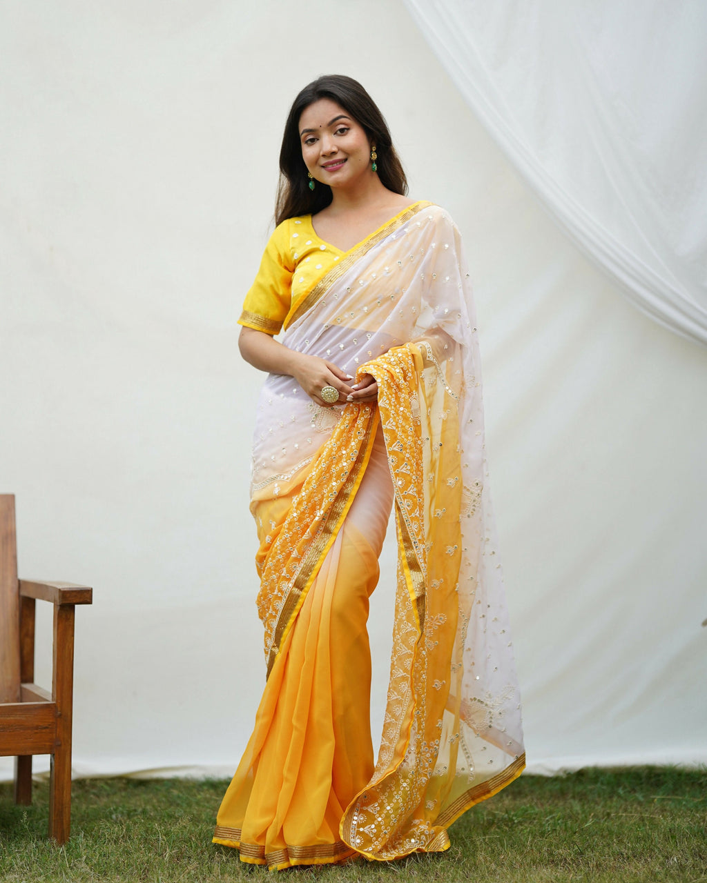 Vamsee Yellow Sequence 2 Yellow & White Georgette Saree | Grocsy