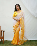 Vamsee Yellow Sequence 2 Yellow & White Georgette Saree | Grocsy
