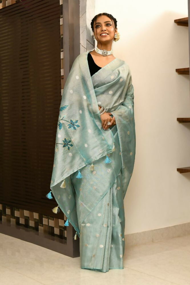 Joban Fashion Firozi Saree Tissue Zari Buti Anchal Applick With Contrast Blouse | Grocsy
