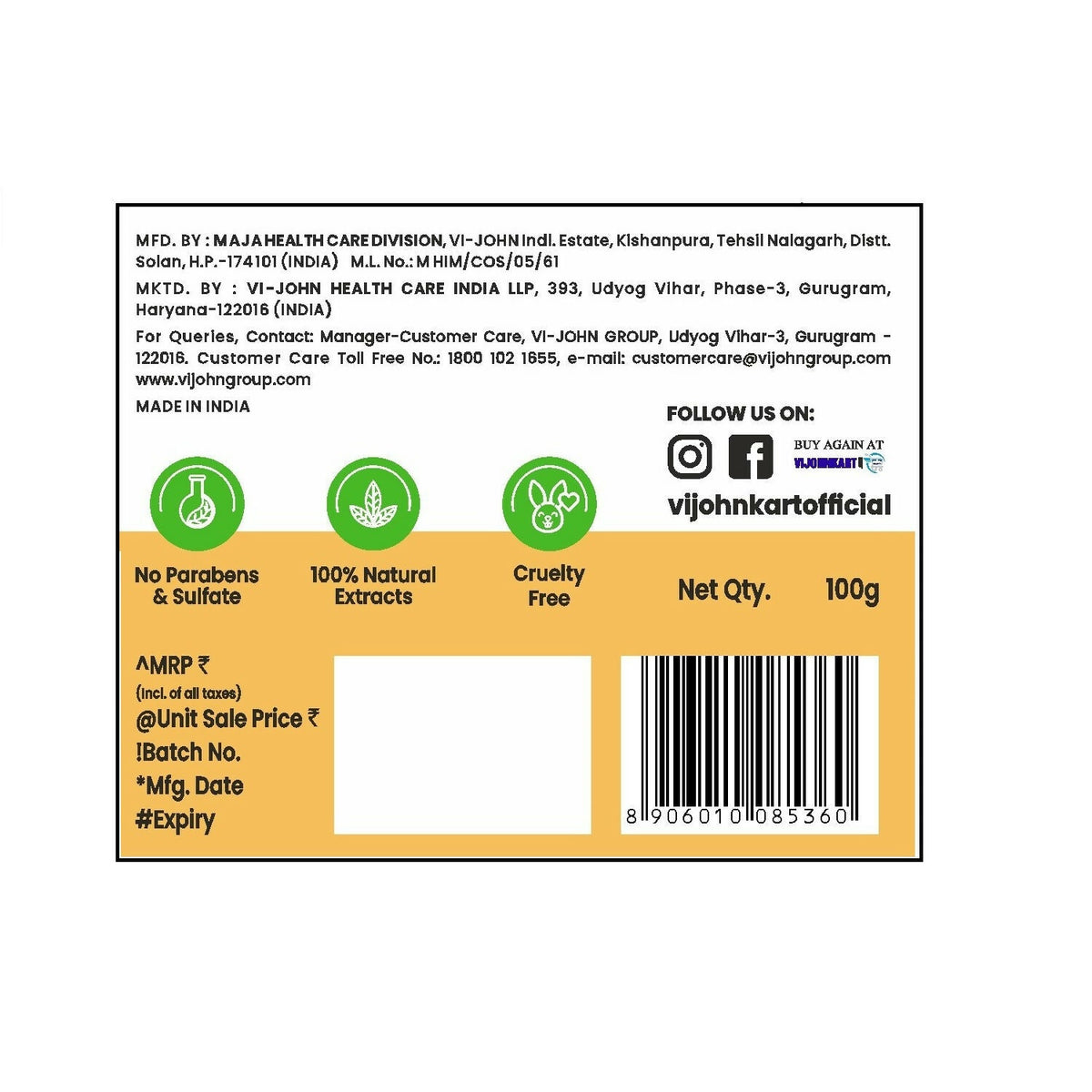 VI-JOHN Prakritik Yogurt & Honey Face Pack Restoresgmlow, Made With 100% Natural Bio Actives | Grocsy