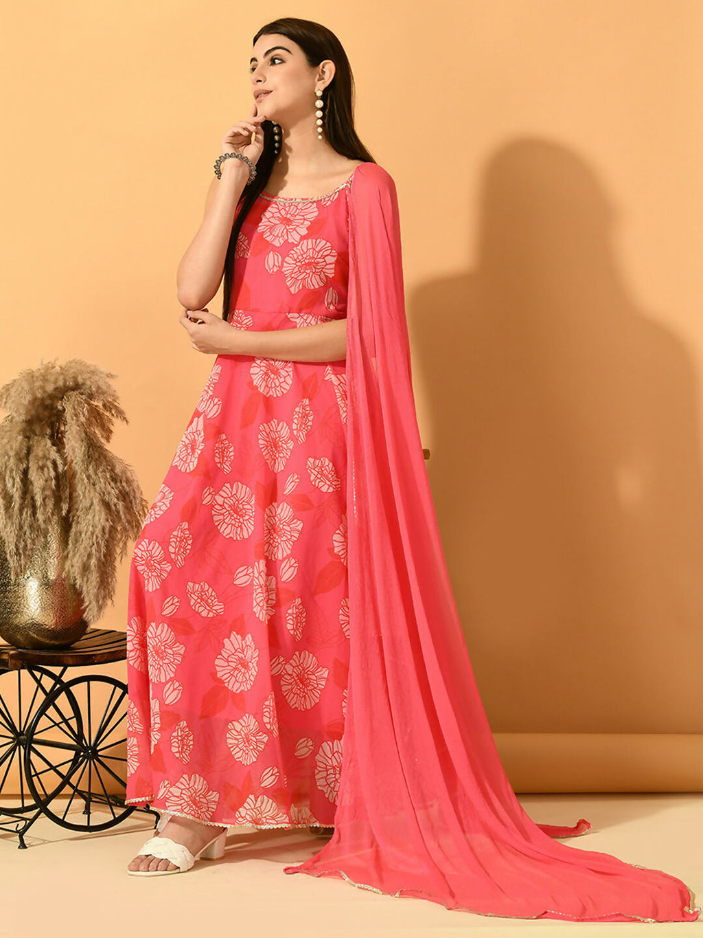 Myshka Women's Pink Festive Flared Anarkali Kurta With Dupatta sets | Grocsy