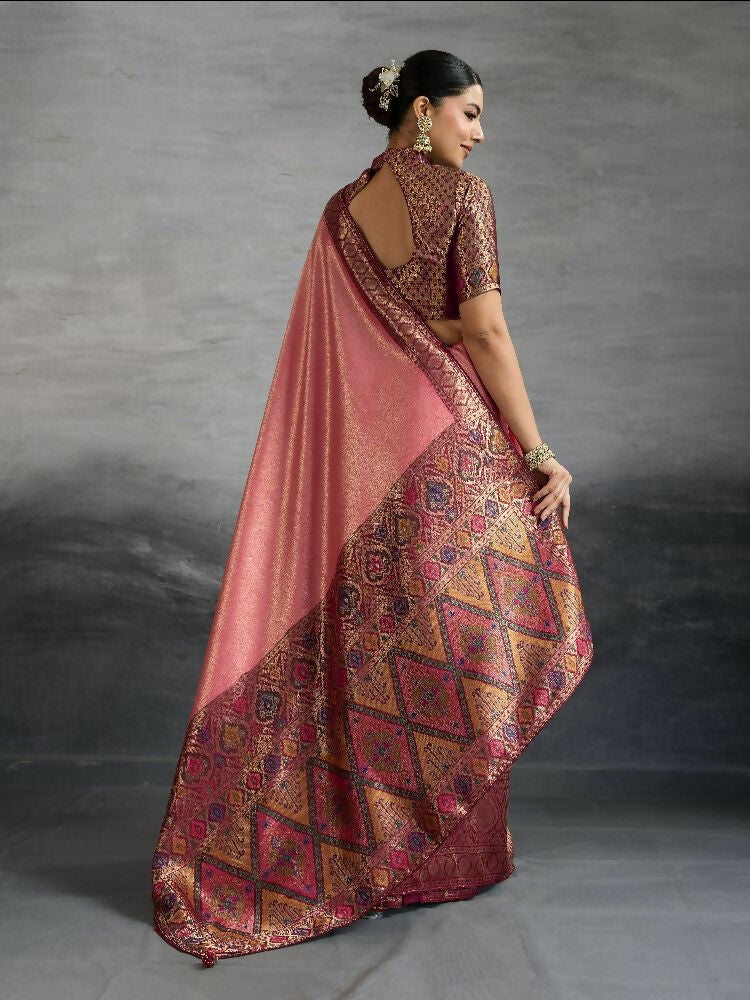 PR Fashion Peach Kanjivaram Soft Silk Kadiyal Pattern Double Zari Woven Patta, Meenakari Woven Pallu Saree | Grocsy