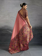 PR Fashion Peach Kanjivaram Soft Silk Kadiyal Pattern Double Zari Woven Patta, Meenakari Woven Pallu Saree | Grocsy